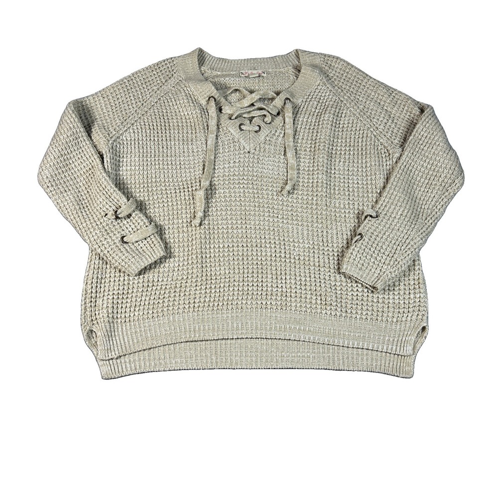 It's Our Time Tight Waffle Knit Lace Up Sweater Hilo Womens Sz L Tan Pullover